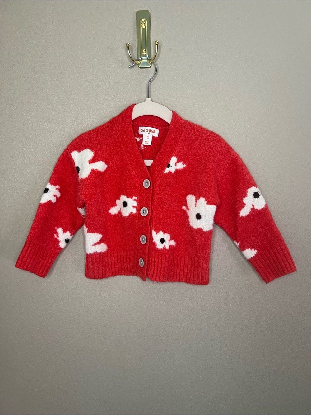 18m Cat & Jack Bright Red Floral Knit Cardigan with White Flower Accents